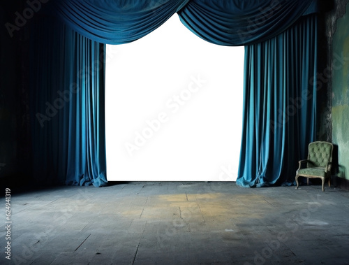 blue draped fabric cloth curtains on a post apocalyptic abandoned stage room. transparent PNG