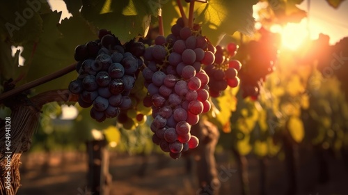 Vineyard at sunset in autumn harvest. Created with Generative AI.