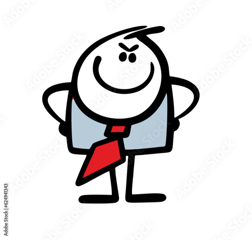 Strict stickman boss looks attentively at subordinate office workers. Vector illustration of business company leader in teamwork.