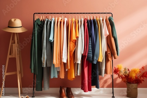 Trendy female woman colorful autumn capsule wardrobe with different dresses  on orange background. Building stylish wardrobe, Seasonal capsule for easy dressing, order in things concept. Generative AI