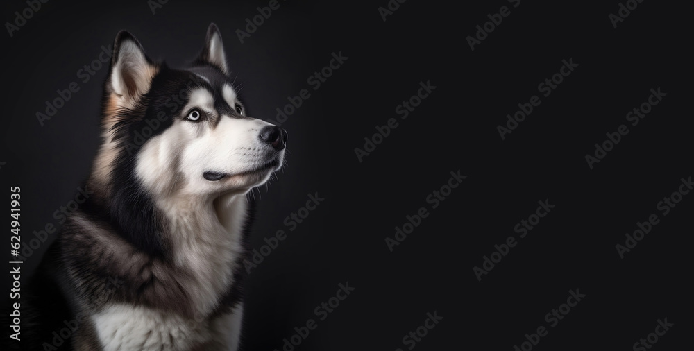 Fototapeta premium Alaskan malamute portrait on a gray background. Gray big dog on a dark background with space for text. Cute face with a smart look. Dog Food Advertisement. 