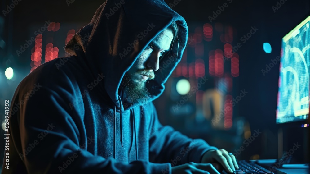 cyber criminal hacking system at monitors hacker. Created with generative AI.
cyber criminal hacking system at monitors hacker. Created with generative AI.