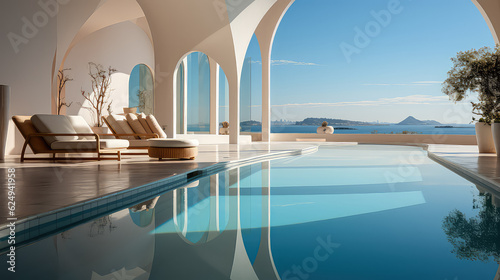 3D render, Modern Interior and pool villa Concept: Embracing the Timeless Elegance and Tranquility of Aesthetics, Creating a relaxation with sun light