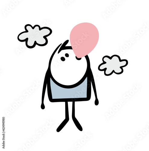 Surprised boy is flying in the clouds in a bubble gum balloon. Vector illustration of a ridiculous situation.