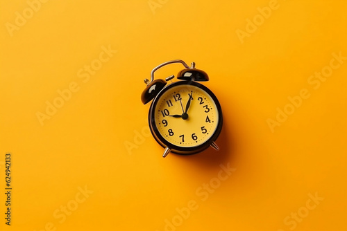 Yellow retro alarm clock on orange background with place for text, copy space. Minimalistic background, concept of time, deadline, time to work, morning, time management, morning routine schedule.