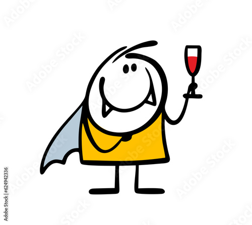 Doodle stickman dressed as Count Dracula holds a glass of red wine. Vector illustration of a cartoon vampire with fangs drinking human blood Halloween.