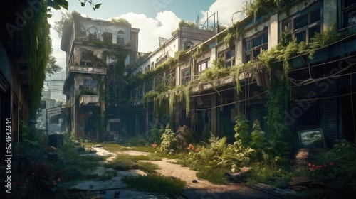 Abandoned post apocalyptic city surrounded by many plants. Created with Generative AI. © lchumpitaz