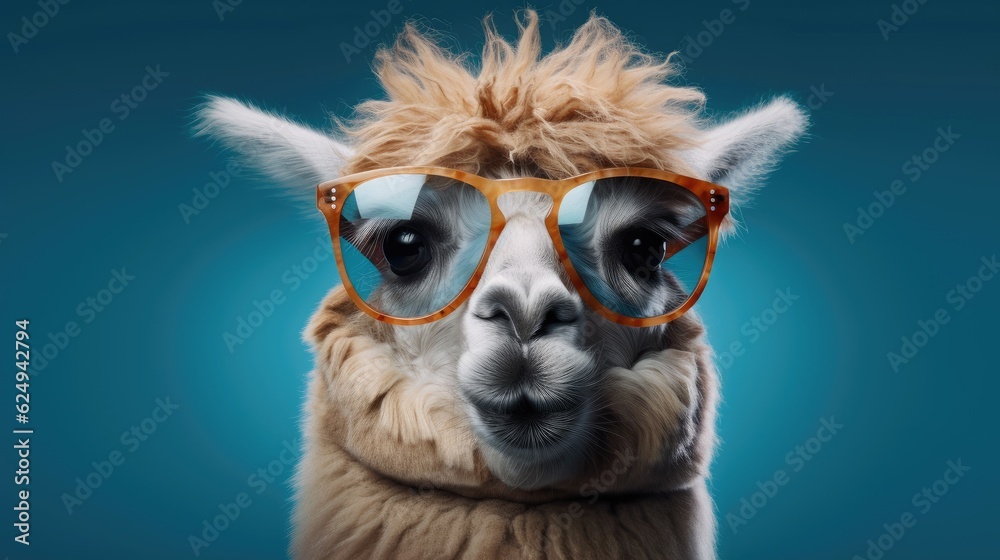 alpaca head with glasses. Created with Generative AI.