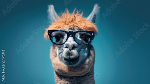 alpaca head with glasses. Created with Generative AI.