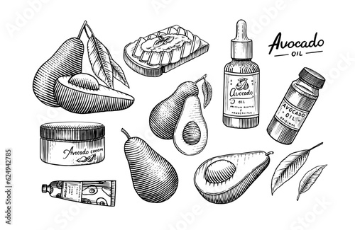 Tropical avocado. Set of evergreen fruit plant. Cosmetics for skin care. Organic oil in the bottle. Isolated Vector hand drawn. Vintage template for design. Engraved monochrome sketch