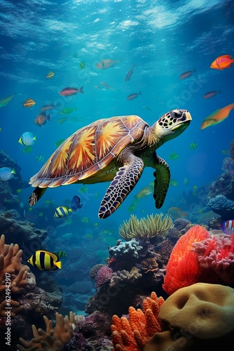 turtle with group of colorful fish and sea animals with colorful coral underwater in ocean   Generative AI