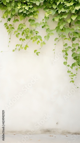 Empty template Bali style white wall grey background for text, green exotic foliage, palm leaves, bananas, bamboo, copyspace with shiny sunlight rays. generative ai © Jim1786