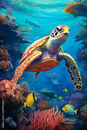 turtle with group of colorful fish and sea animals with colorful coral underwater in ocean   Generative AI