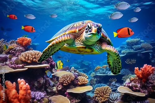 turtle with group of colorful fish and sea animals with colorful coral underwater in ocean   Generative AI © Kay