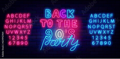 Back to the 90s party neon label. Retro holiday celebration. Event concept. Vector stock illustration