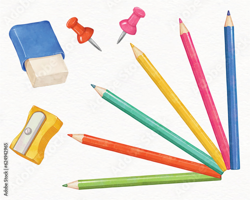 colored pencil and drawing tools watercolor illustration vector set. crayons set, a sharpener and an eraser. kids education and school concept