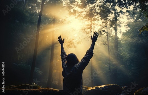 A person praying with raised hands illuminated by the rays of light