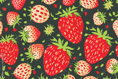 Vector summer pattern with red and white berries of strawberry and green leaves on black background.