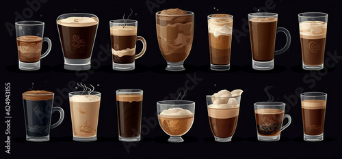 Different kinds of coffee. Drinks collection. A large set of coffee drinks. Illustration in cartoon style. 