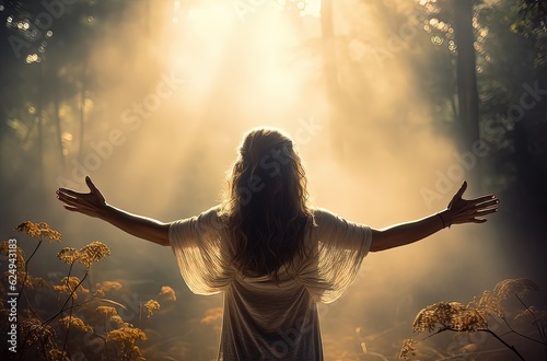 Back view of a young woman standing with arms outstretched in a forest with rays of light. Religion concept