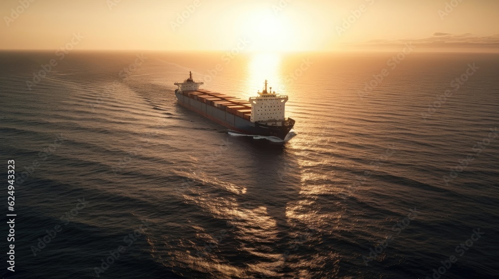 Aerial view of cargo ship with container sailing in ocean. Created with Generative AI. Aerial view of cargo ship with container sailing in ocean. Created with Generative AI.