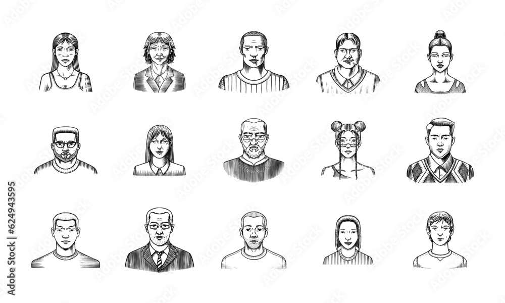 Human Avatars Collection. Diverse faces of people. Characters set. Happy emotions. Portrait for social media, website. Men and women, grandparents and girls. Hand drawn doodle sketch.