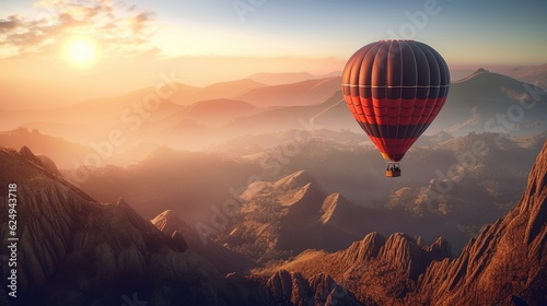 hot air balloon flying between the mountains in a sunrise. Created with Generative AI.