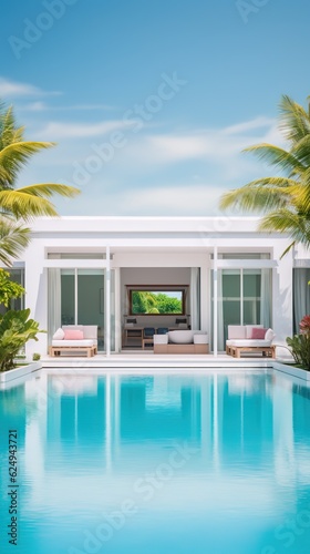 Bali style Inviting Retreat, Contemporary Residence luxury villa with large swimming pool, Luxury modern estate property , Summer vacation, tourism, generative ai. © Jim1786