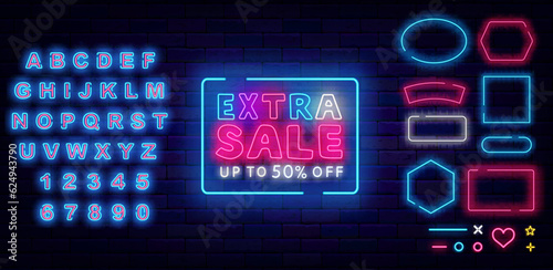 Extra Sale neon label. Special offer. Geometric frames collection. Marketing emblem. Vector stock illustration