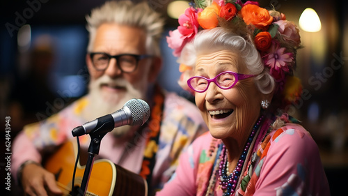 Senior couple man and woman sing karaoke. Generative Ai © Miljan Živković