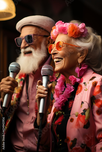 Senior couple man and woman sing karaoke. Generative Ai