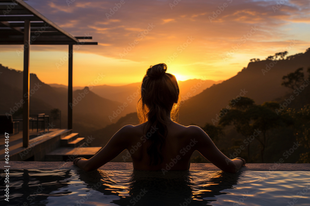 Fototapeta premium a woman in a luxury pool overlooking a scenic landscape at sunset