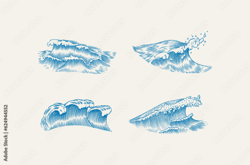 Atlantic tidal waves. Vintage old engraved hand drawn labels. Marine ...