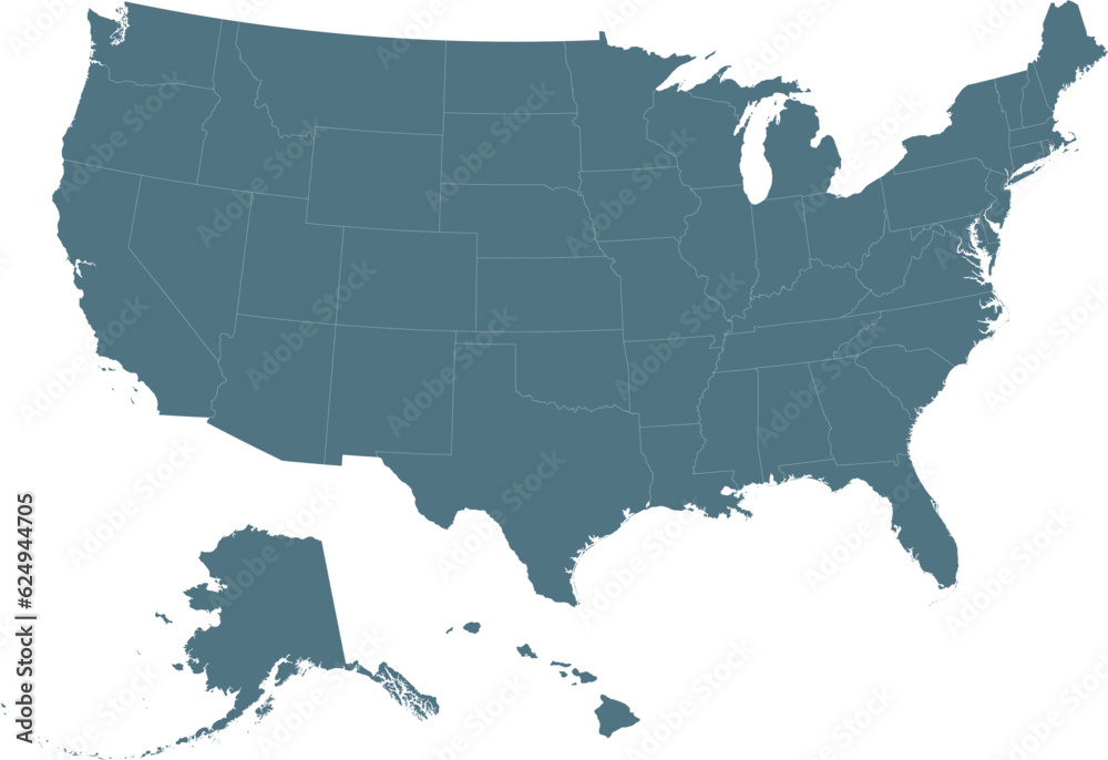 Blue map of United States of America with federal states