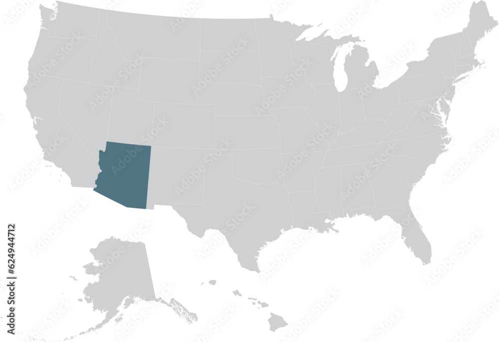 Obraz premium Blue Map of US federal state of Arizona within gray map of United States of America