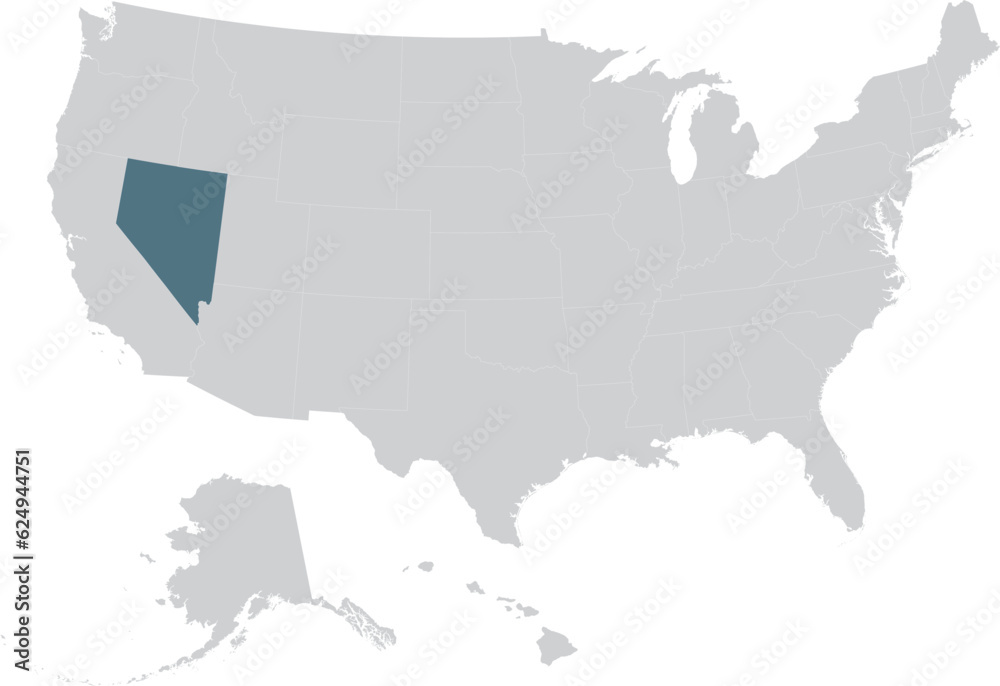 Blue Map of US federal state of Nevada within gray map of United States of America