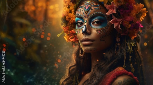 woman dressed for the Mexican Day of the Dead. Created with Generative AI.