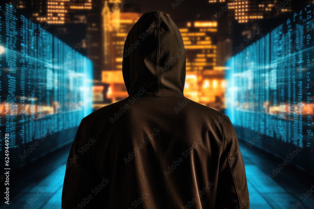 hacker in an urban hoodie is standing next to digital data processing center and looking at the surrounding cityscape. technological progress and information hacking hacker in an urban hoodie is standing next to digital data processing center and looking at the surrounding cityscape. technological progress and information hacking