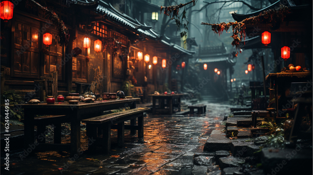 Japanese monastery alley with tables