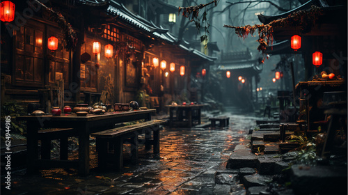 Japanese monastery alley with tables