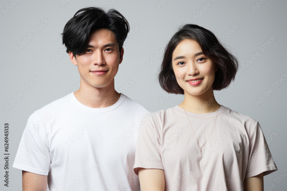 loving couple consisting of a Asian woman and an man, standing side by side in a studio against a white background. They are hugging, and their smiles express their love, joy, and happiness. loving couple consisting of a Asian woman and an man, standing side by side in a studio against a white background. They are hugging, and their smiles express their love, joy, and happiness.