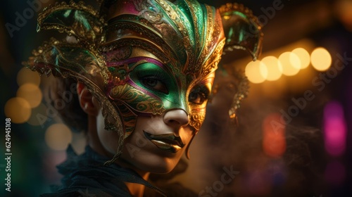Beautiful woman with ethnic mask. Created with Generative AI. © lchumpitaz