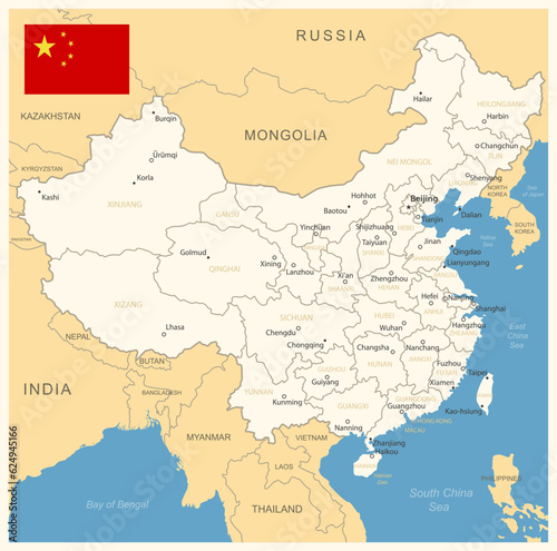 China - detailed map with administrative divisions and country flag. Vector illustration