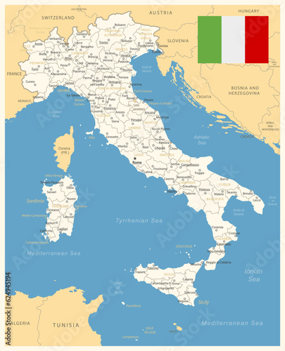 Italy - detailed map with administrative divisions and country flag. Vector illustration