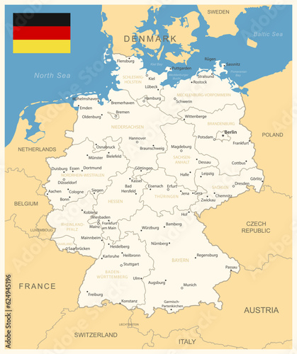 Germany - detailed map with administrative divisions and country flag. Vector illustration