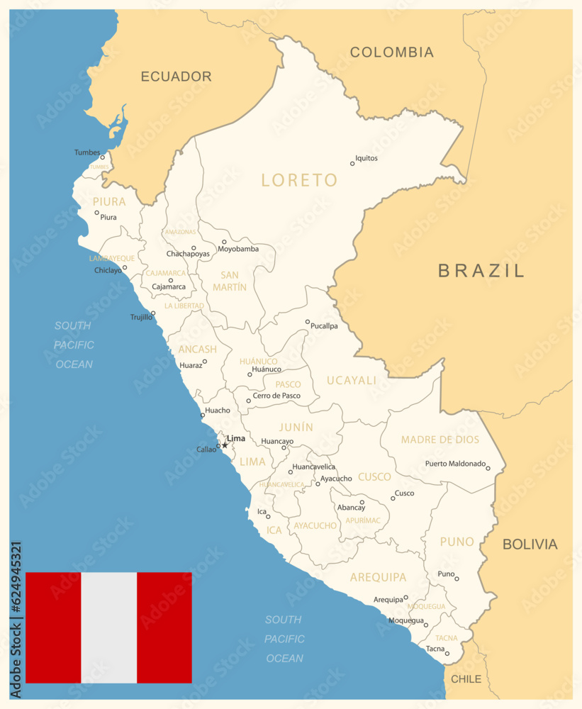 Fototapeta Peru - detailed map with administrative divisions and country flag. Vector illustration