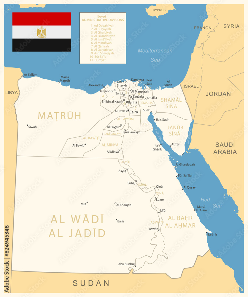 Egypt - detailed map with administrative divisions and country flag. Vector illustration