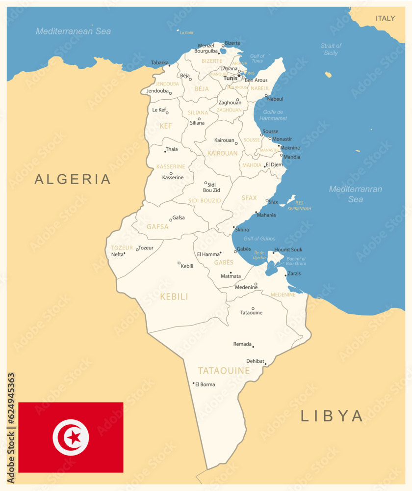 Fototapeta premium Tunisia - detailed map with administrative divisions and country flag. Vector illustration