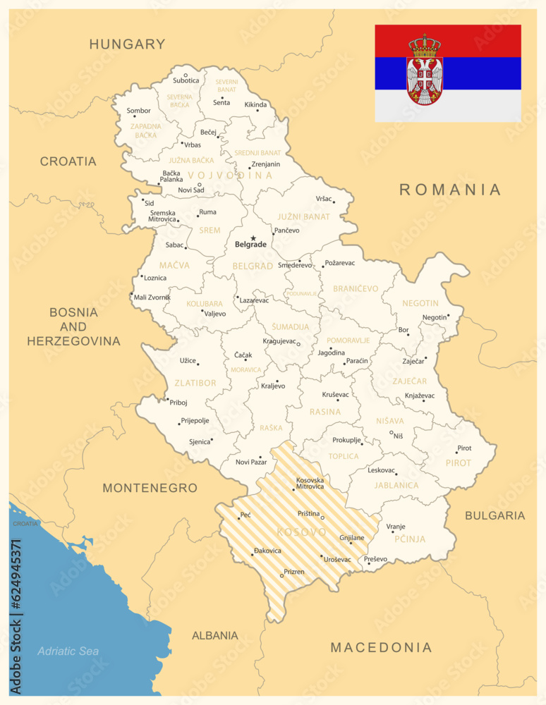 Serbia - detailed map with administrative divisions and country flag. Vector illustration