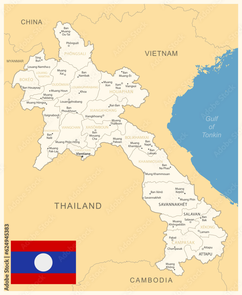 Laos - detailed map with administrative divisions and country flag. Vector illustration